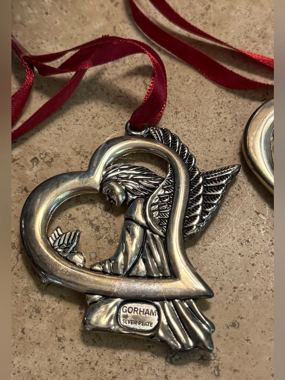 Vintage Gorham Silver Plated Angel Heart Ornaments - Set of 2 (Peace & Love)